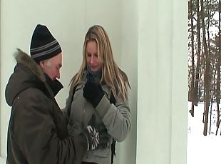 Old lucky bastard fucks young busty blonde in snow